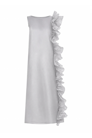 Ghost image of a sheer silver maxi dress with ruffles down one side.