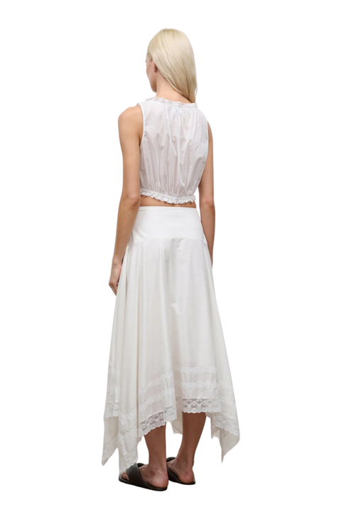A woman shown from the back wearing a white sleeveless high-low dress with a gathered bodice and lace trim at the hem, photographed against a plain white background.