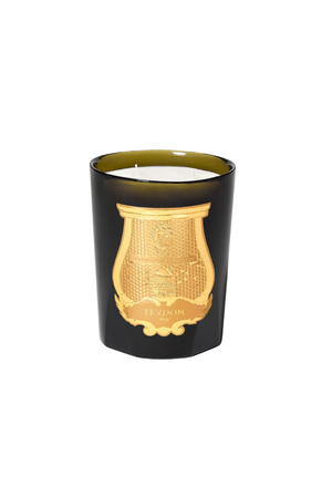 A green murano glass candle jar with a gold crest emblem on the front and a white wax surface visible at the top, isolated on a white background.