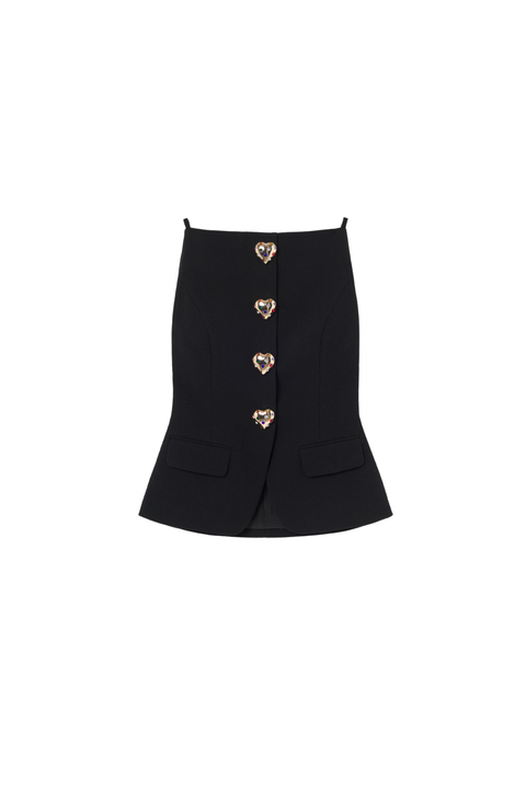 A black top with a flared silhouette, featuring four decorative gold-tone heart-shaped buttons down the front and two front flap pockets.