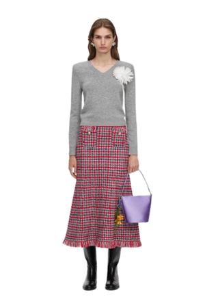 Check Frayed Knit Midi Skirt