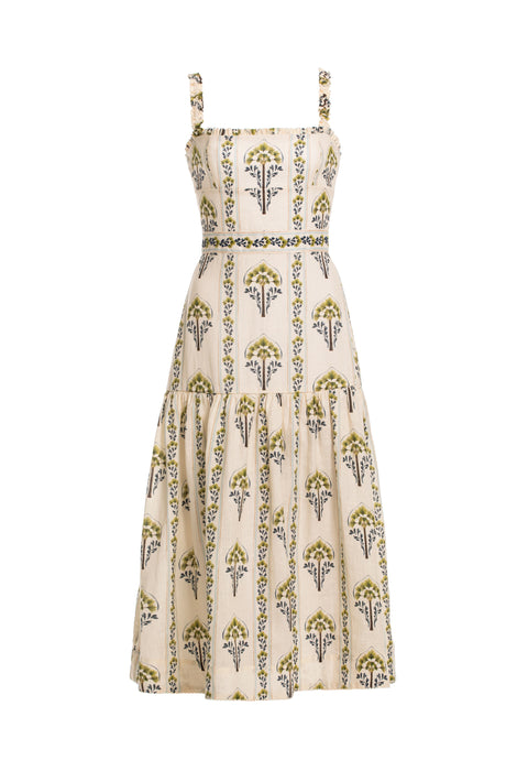 Square neck printed linen midi dress.