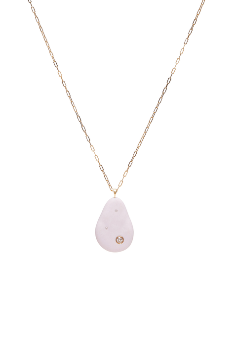 Necklace with a pink teardrop pendant and diamond on a white background