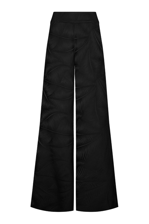 Black wide-leg cropped pants with a subtle tonal leaf pattern, shown against a plain white background.