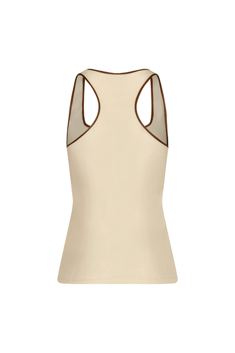 A beige racerback tank top with brown contrast trim along the scoop neck and armholes, shown from the back on a plain white background.