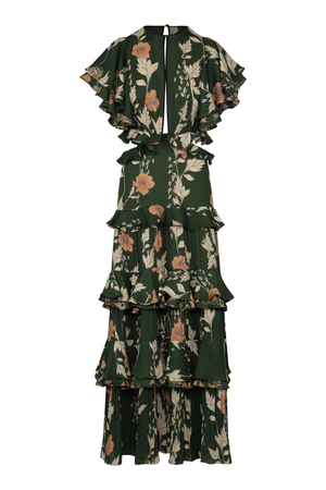 A dark green ruffled maxi dress with a beige and brown floral pattern, featuring tiered layers, flutter sleeves, and side cutouts, shown against a plain white background.