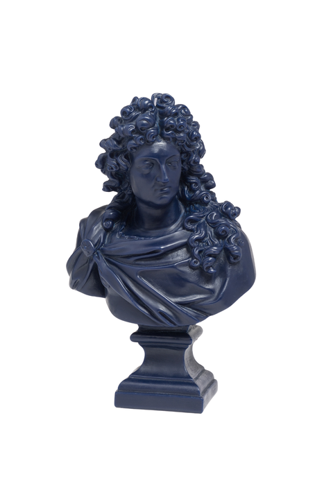 A dark blue wax bust sculpture of Louis XIV with curly hair, mounted on a matching pedestal base, isolated on a white background.