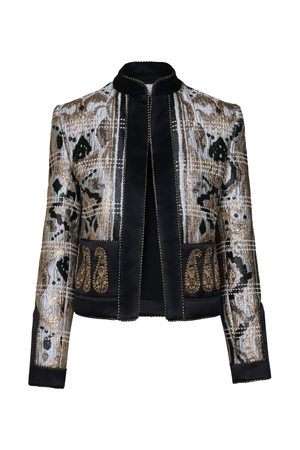 A cropped jacket featuring a shimmery medallion and paisley pattern in gold, blue, and black, with solid black velvet-like trim on the collar, front placket, cuffs, and hem