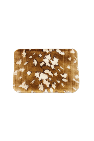 A rectangular travel pouch featuring a brown and cream antilope pattern, shown against a plain white background.