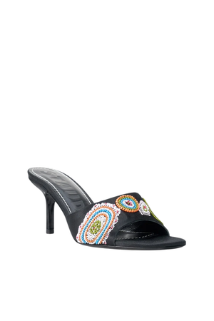 A single black leather slide sandal with a high stiletto heel, featuring a colorful embroidered paisley design on the strap.