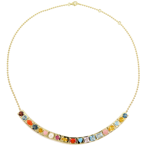 Necklace with multicolored gemstones on a white background