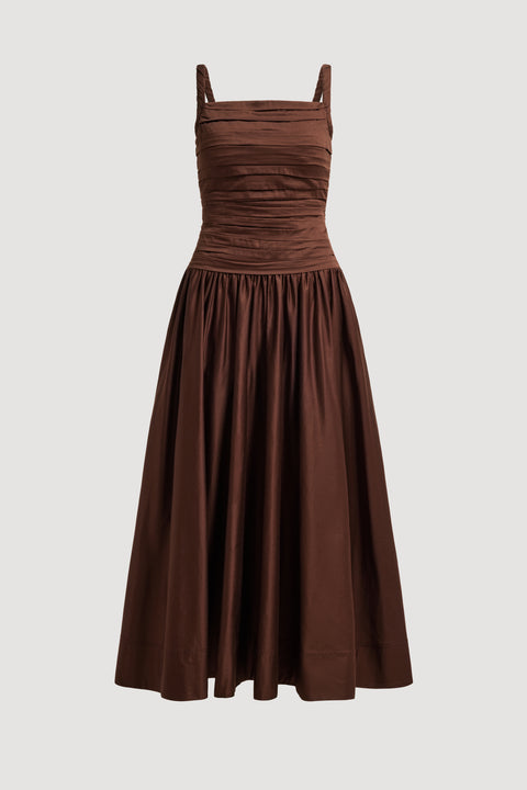 Brown maxi dress on a light gray background