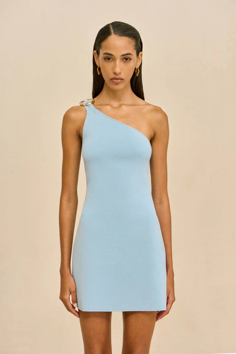 Zoomed in photo of woman wearing a light blue one-shoulder dress on a beige background.