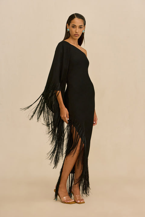 Woman wearing a black one-shoulder dress with fringe details on a beige background from the side view