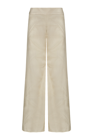 A pair of wide-leg trousers in a cream color, featuring a subtle tonal geometric pattern on the fabric