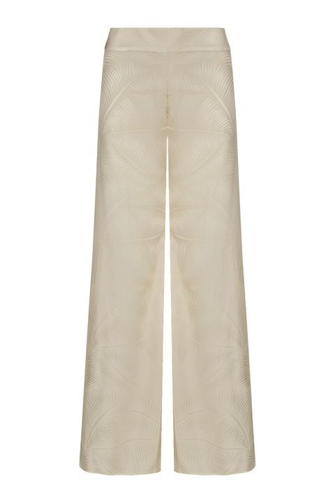 A pair of wide-leg trousers in a cream color, featuring a subtle tonal geometric pattern on the fabric
