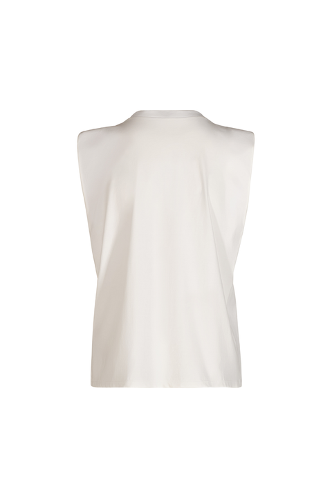 A sleeveless white top with a high rounded neckline, shown from the back against a plain white background.