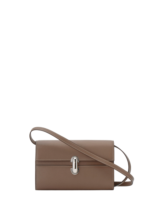Brown leather handbag with a silver clasp and strap on a white background