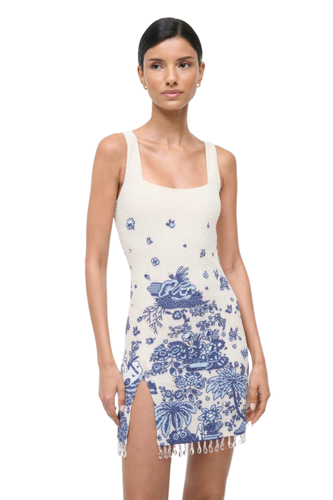 A woman modeling a sleeveless mini dress with a blue and white toile pattern and fringe trim, set against a plain white background.
