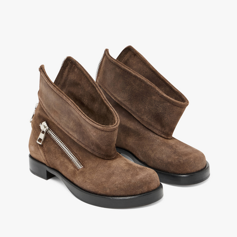 Pair of brown suede ankle boots with zippers on a white background
