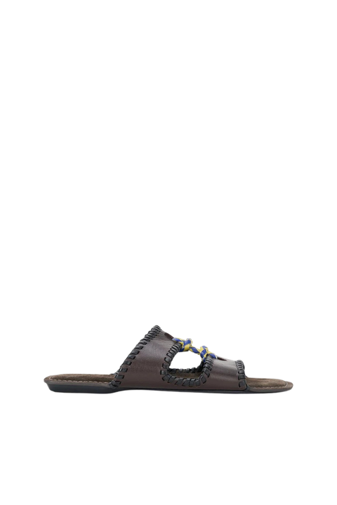 A brown slide-on sandal with a blue tie in the middle