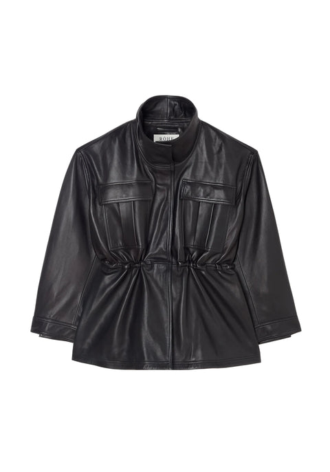 Black leather jacket on a light gray background