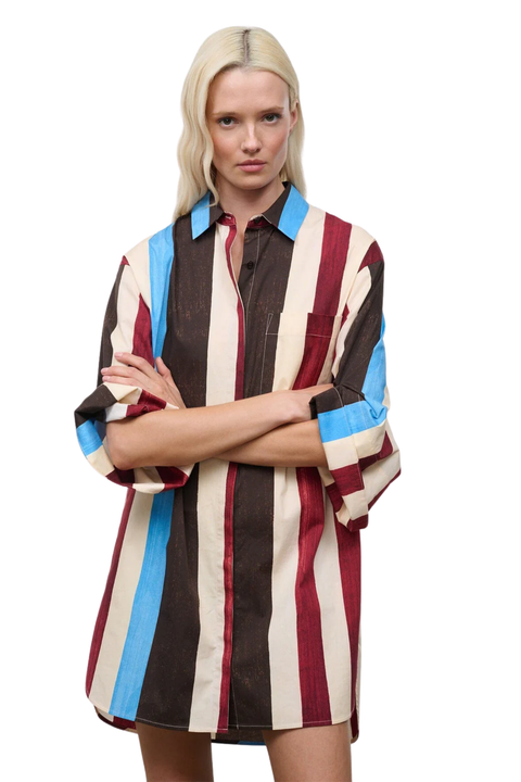 A blonde model wearing an oversized striped button-up shirt dress with vertical stripes in cream, dark brown, red, and light blue, posed against a solid white background.