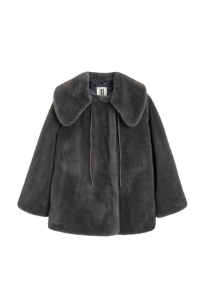 A dark gray faux fur jacket with a wide collar and drawstring details, shown against a plain white background.