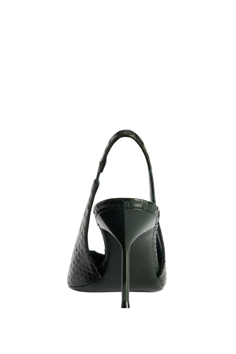 A single green stiletto slingback shoe with a glossy python-embossed texture, shown from a rear three-quarter view against a solid white background.