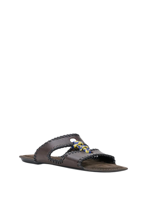 A brown slide-on sandal with a blue tie in the middle