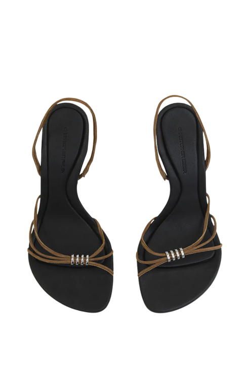 A pair of black flat sandals with thin brown straps and small silver metallic accents, shown from a top-down view on a white background.