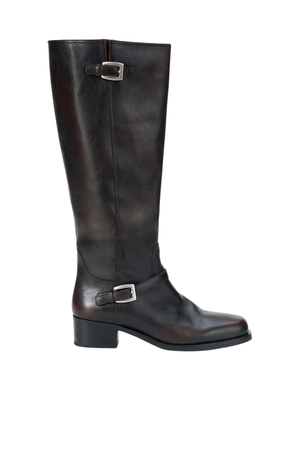 Brown knee-high boot with a buckle on a white background