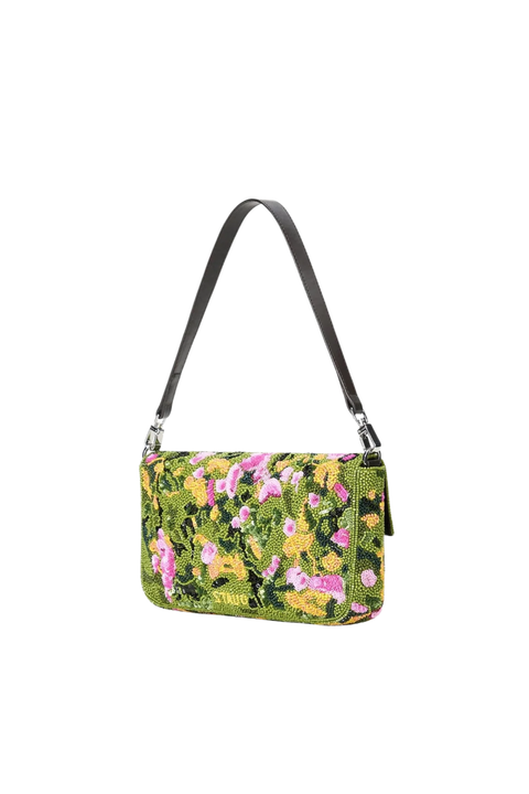 A green shoulder bag with a vibrant pink and yellow floral pattern, featuring a dark brown leather strap and silver-tone hardware, shown against a plain white background.