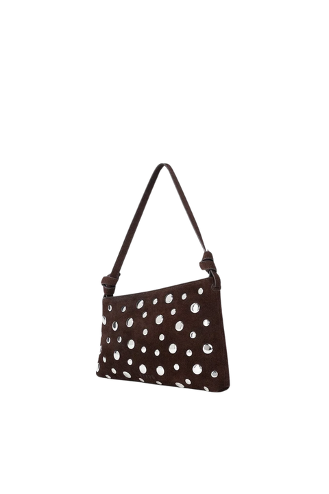 Brown handbag with silver studs on a white background