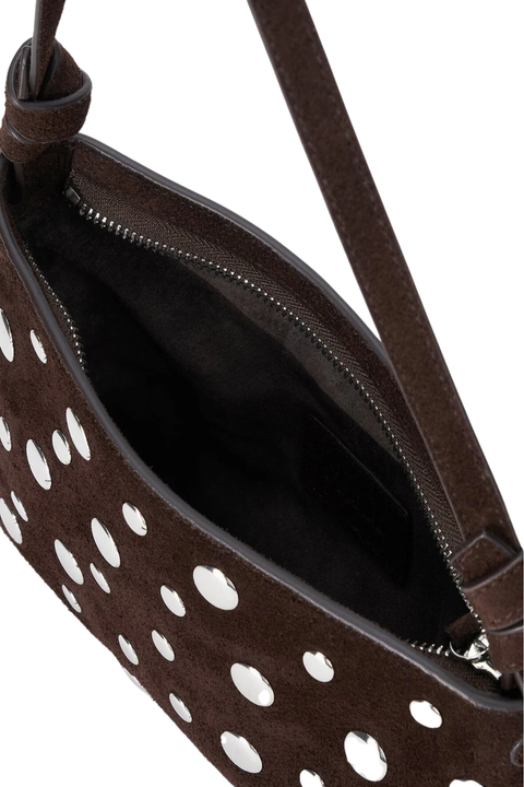 Brown handbag with silver studs on a white background