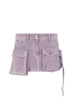 Purple denim mini skirt with front and side pockets on a white background