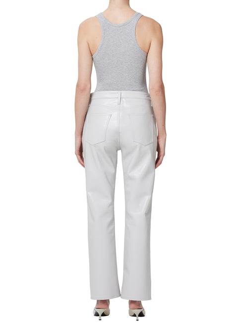 Grey bodysuit and mid-rise white denim from back