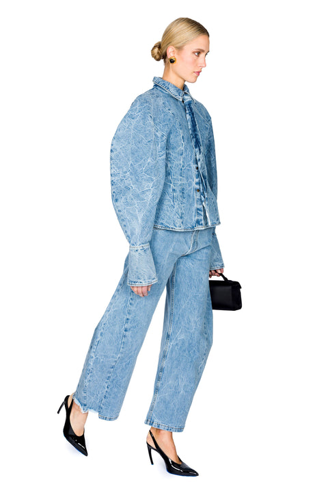 Acid Wash Denim Puff Sleeve Shirt