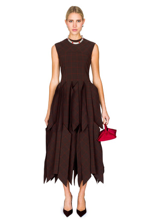 Brown midi dress with red checkered print and a symmetrical, tiered skirt