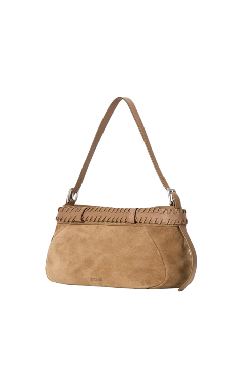 A light brown suede shoulder bag with a braided leather trim along the top edge and a single shoulder strap, shown against a plain white background.