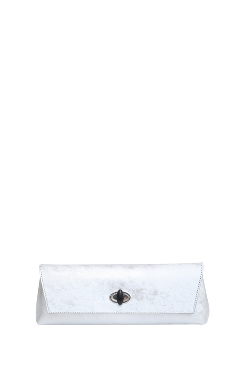 A white textured clutch bag with a central metallic turn-lock closure, displayed against a solid white background.