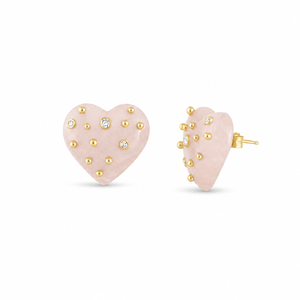 Carved Rose Quartz Studded Heart Earrings
