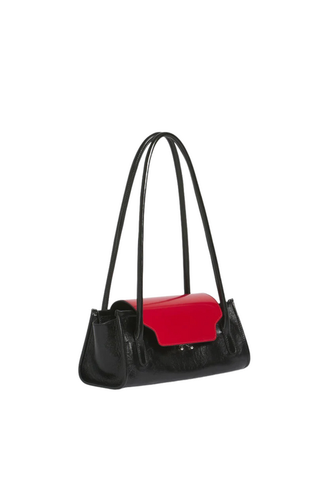 A black leather shoulder bag with a vibrant red glossy flap, featuring dual shoulder straps and a small front clasp, shown against a plain white background.