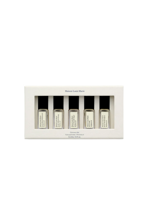 A white rectangular box of a five-scent perfume oil discovery set from Maison Louis Marie.
