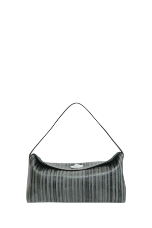 A dark gray and black vertically striped shoulder bag with a thin strap and a small silver-tone logo clasp, shown against a plain white background.