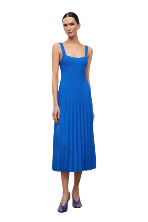 A woman modeling a bright blue sleeveless midi dress with a square neckline and a pleated skirt, paired with blue shoes, against a plain white background.