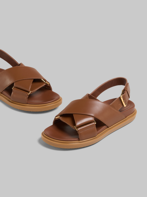 Misaligned pair of brown leather sling back sandals with gold hardware.