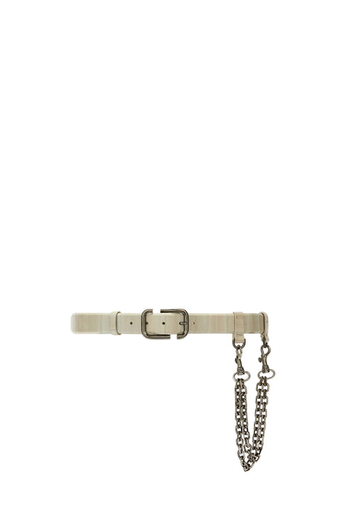 Beige belt with a chain detail on a white background