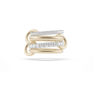 Ghost image of a Spinelli Kilcollin Halley ring that features a 2.3mm 18k white gold band pave with white diamonds, a 2.7mm 18k yellow gold half round band, a 2.8mm 18k white gold band pave with white diamonds, and a 2.3mm 18k yellow gold band, all connected by three 18k yellow gold connectors.