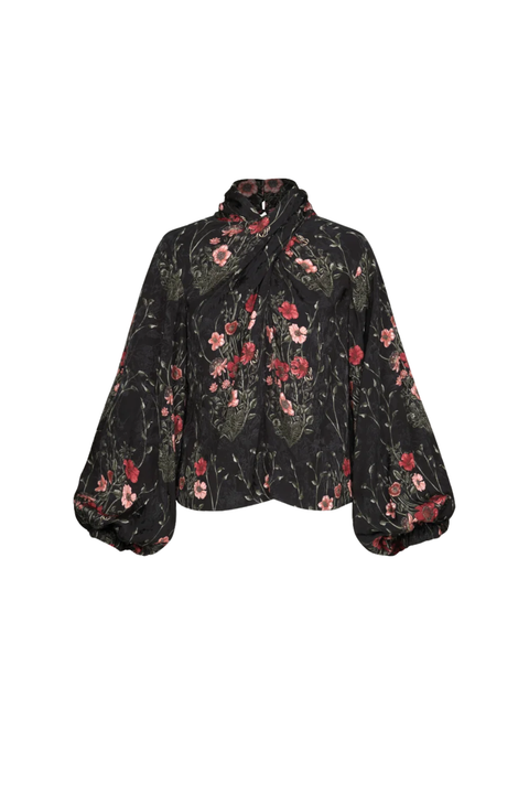 A black long-sleeve blouse with a red and pink floral print, featuring a high gathered neckline and voluminous balloon sleeves, shown against a plain white background.